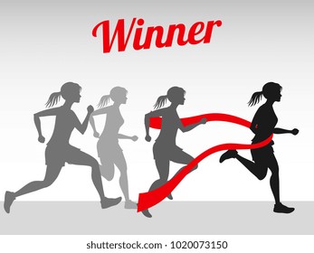 Winner vector concept with female running silhouettes on finish tape illustration
