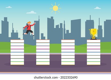 Winner vector concept: Schoolboy jumping on the pile of books to get gold trophy while carrying backpack