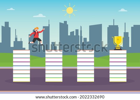 Winner vector concept: Schoolboy jumping on the pile of books to get gold trophy while carrying backpack