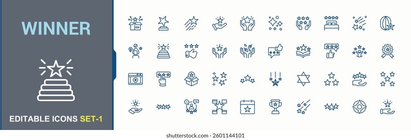 Winner vector icon set. Includes symbols for favourite, quality, decor, award, badge, best and more. Star line icon. Collection for mobile and web apps. Vector illustration.