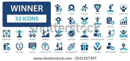 Winner vector icon set. Success, prize, victory, award, accolade, win money, podium, results.