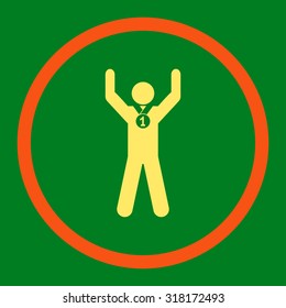 Winner vector icon. This rounded flat symbol is drawn with orange and yellow colors on a green background.