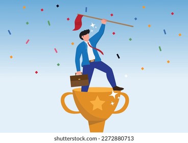 ilustración del vector ganador Un hombre feliz de pie en un trofeo que muestra el primer lugar Folleto de póster sencillo de oro azul Plantilla