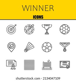 winner vector line icons set. darts, wheel and trophy Icons. Thin line design. Modern outline graphic elements, simple stroke symbols stock illustration