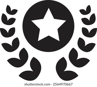 Winner or victory badge with star and laurel. Game champion prize award of honor. Professional certificate ribbon vector symbol. Contains approved, verified, certified, star, achievement.