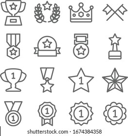 Winner Victory Prize icon set vector illustration. Contains such icon as medal with star, trophy, ranking, finish flag, 1st place star and more. Expanded Stroke