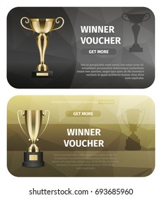 Winner voucher with gold trophy for victory vector illustration. Prize for successful business project. Honorable award for great achievements in marketing. Perspective startup winning reward.