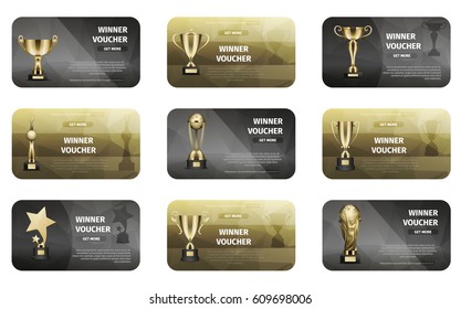 Winner voucher set in golden and silver colors. Gold trophy for victory business vector illustration banners. Prize for success, honorable award for great achievements in marketing and teambuilding.