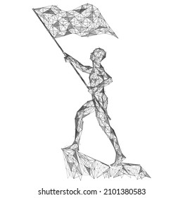 The winner waves the flag. A man on top of a cliff.  Polygonal design of interconnected lines and points. White background.