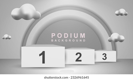 Winner white podium with clouds. Vector illustration.