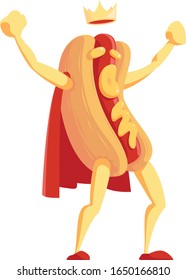 A winner wiener (hot dog) celebrating his win in his kings cape and a crown with mustard on top.
