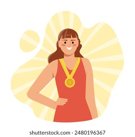 Mujer ganadora con medalla de oro. Joven con premio y recompensa. Premio al ganador en competiciones. El campeón de negocios celebra el triunfo. Ilustración vectorial plana de dibujos animados aislada sobre fondo blanco