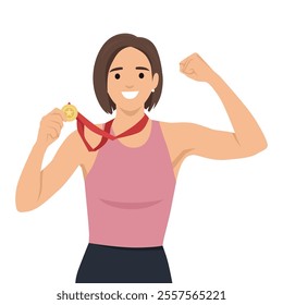 Winner woman with gold medal. Young girl with award and reward. Flat vector illustration isolated on white background