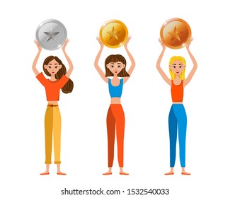 Winner woman with gold, silver, bronze medals isolated on white background. Vector