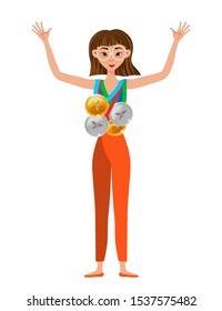 Winner woman with gold, silver, bronze medals isolated on white background. Vector