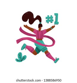 Winner woman running into the finish. Happy hand drawn sports woman crossing finish tape.Athletic girl taking part in running competition.Flat vector textured print. Number one.Woman success concept