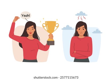 Winner woman shouts yeah and holds cup in hands, standing near losing competitor, showing resentment or envy. Contrast between winner and loser participating in competition on career ladder