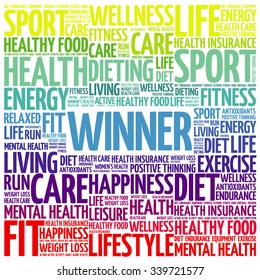 Winner word cloud background, health concept