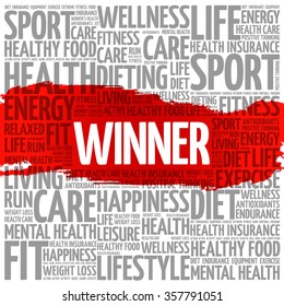 Winner word cloud background, health concept