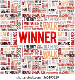 Winner word cloud background, health concept