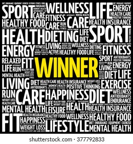 Winner word cloud background, health concept