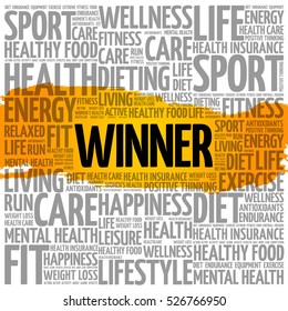 Winner word cloud collage, health concept background