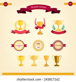Winner wreath and award ribbon emblem or banner.  fitness sport element  Winner crown and cup set , ribbon banner. Victory, champion icon in flat