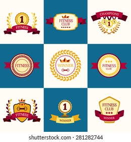Winner wreath and award ribbon emblem or banner.  fitness sport element  Winner crown and cup set , ribbon banner. Victory, champion icon in flat 