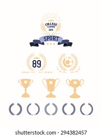 Winner Wreath And Award Ribbon Emblem Or Banner.  Fitness Sport Template Element  Winner Crown And Cup Set , Ribbon Banner. Victory, Champion Icon In Flat