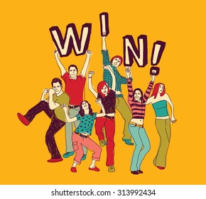 Winner young group happy people color. Group of winner happy people. Vector illustration. EPS 8