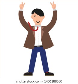 Winner - young man with hands up, gesturing victory. In a smart casual style. Success.  Vector. Flat style.