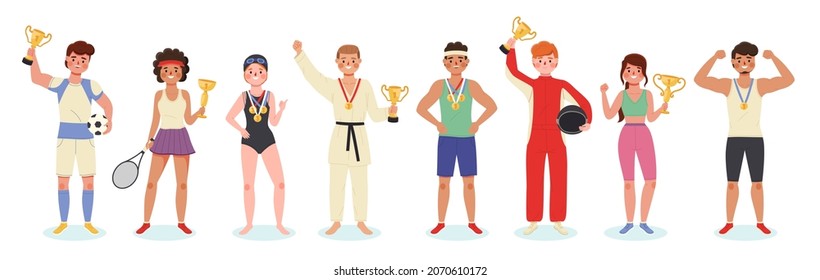 Winners athletes. Sport games champions with different gold awards and medals, happy men and women standing in row with prize. Success, triumph and victory, vector isolated set