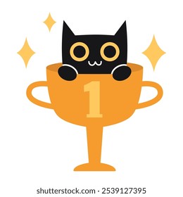 Winner's award, a cup for first place in a competition with a cute cat sitting inside the cup. Trendy modern vector illustration isolated on white background, hand drawn, flat design