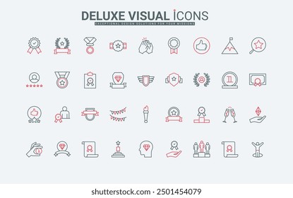 Winners award line icons set. Medal and wreath badge for achievement victory, trophy recognition of champion for first place in championship thin black and red outline symbols vector illustration