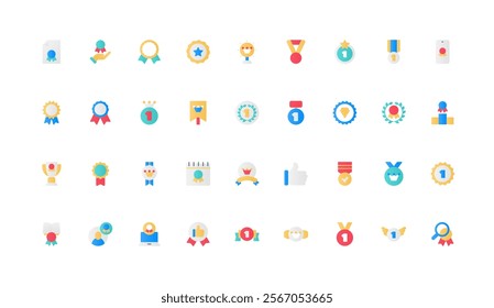 Winners award, prize for first place and best achievement, high quality color icon set. Gold cup and laurel wreath, seal with ribbon and honor crown, certificate flat elements vector illustration