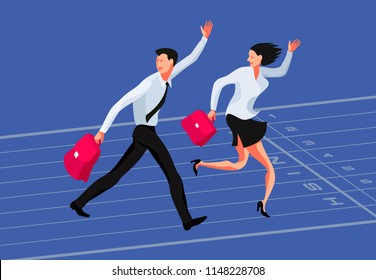 Winners of the business competition. Businessman and businesswoman racing to the finish line. Business concept vector illustration
