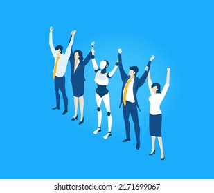 
Winners. Business  Isometric environment  illustration. Successful Business people  and robot stay together, working together, winners, awarded people.