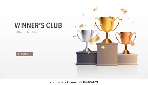Winners club banner. Podium with trophy cups. Vector award nomination background.