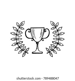 The winner's cup with branches. Hand drawn sketch vector illustration EPS10 isolated on white background.