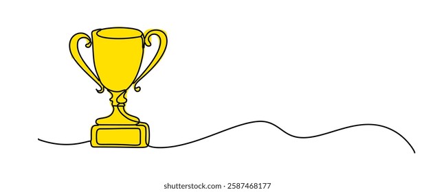 The Winner's Cup is created with a continuous line icon. The award cup for champions is a symbol of victory celebration in a linear design with a single-line scribble drawing.