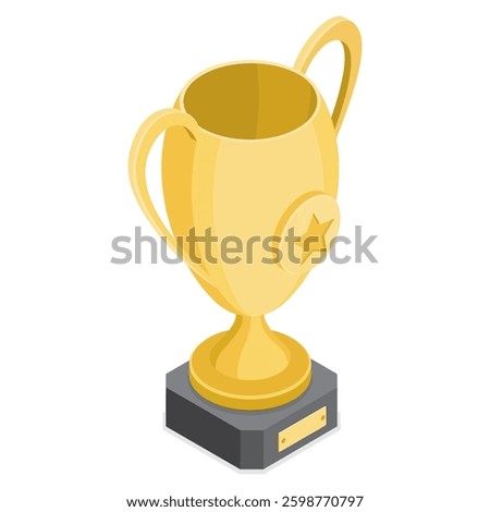 Winners cup, gold award for first place. Champions trophy. Shiny golden goblet for championships. 3d isometric flat vector illustration isolated on white background.