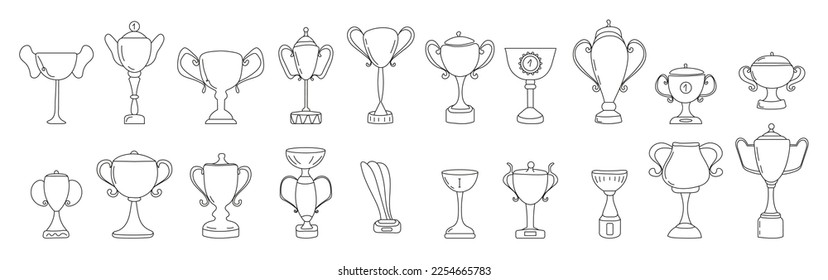 Vector de icono de copa ganador establecido en estilo doodle. Icono de primer lugar. Copa de Campeón al estilo de doodle. Premios, tazas de trofeo, estrellas. Ganador, campeón.