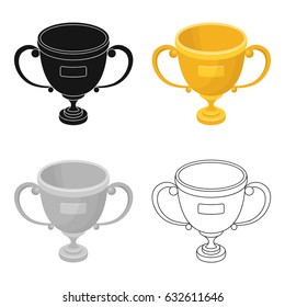 The winner's cup is made of gold. The cup is cup-shaped. There are two curved handles in the cup.Fans single icon in cartoon style vector symbol stock illustration.