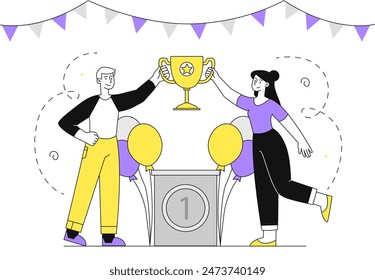 Winners with cup. Man and woman with trophy on pedestal. Successful collaboration and team work. Partners celebrate success. Winning tournament or competition. Linear flat vector illustration