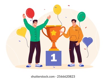 Winners with cup. Men near huge trophy and balloons. Business team celebrating success. Colleagues and partners with prize. First place golden goblet. Flat vector illustration