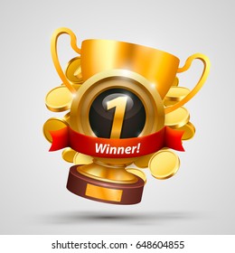 Winner's cup number one with a win. Vector illustration