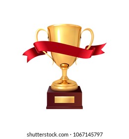 The winner's cup with red ribbon. Realistic gold cup isolated on a white background. Vector illustration