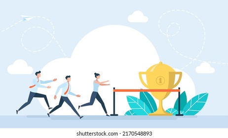 Winner's Cup. Running people. Finish Line. Business People run race crossing finish line ribbon. Team leader finish first. Achieve Goal. Win Concept. Way to Victory. Leadership. Vector Illustration