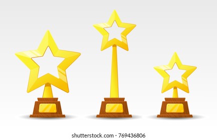Winners cup. Set of different golden bowls. Winner gold cup. Trophy star icon. Championship and olympiad. Vector Game Golden stars icon.