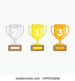 Winners Cup set. Gold, silver and bronze winners cup in flat style. Collection of Champions Cups isolated on transparent background. Award or Winners Prize concept. 